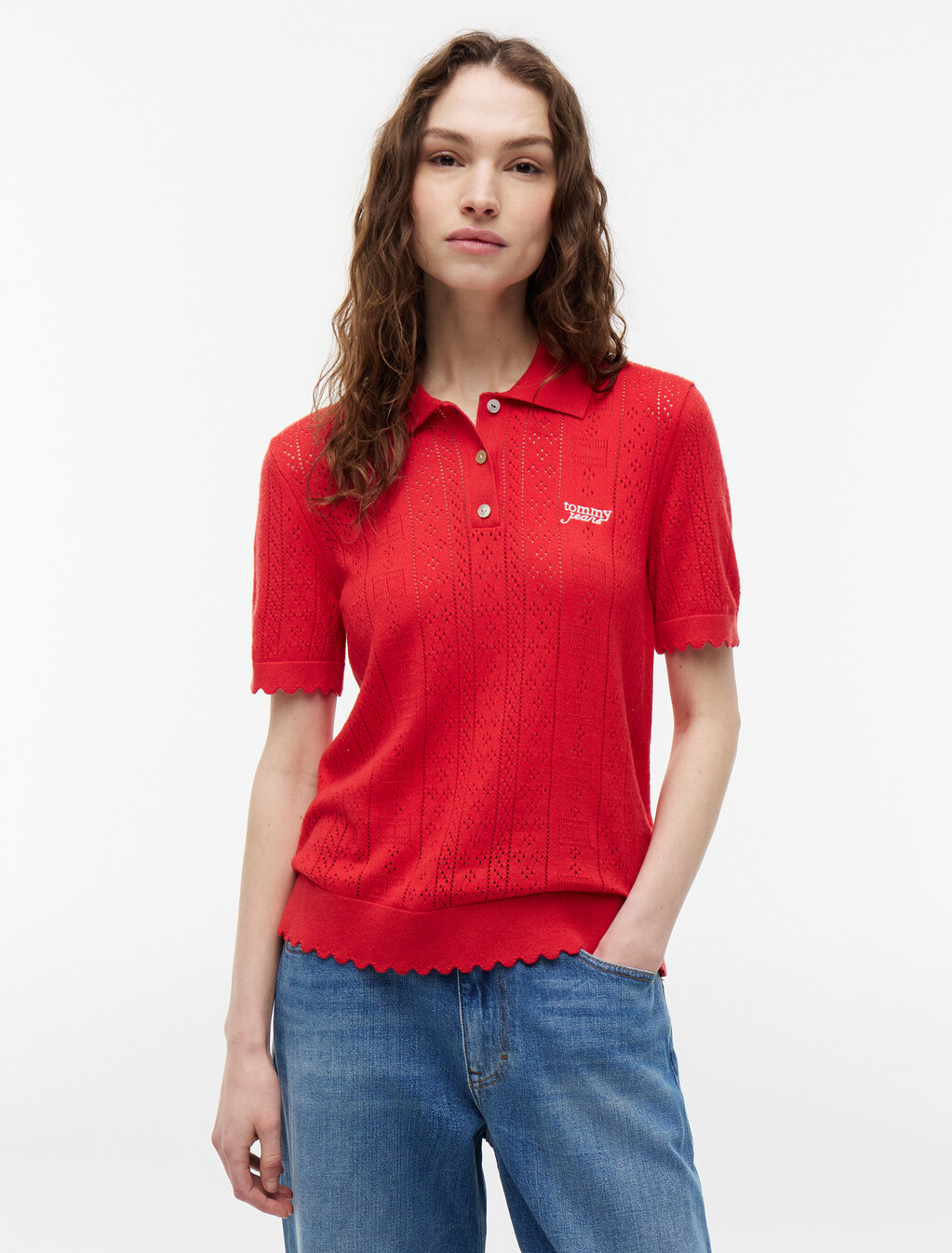 Pointelle Flag Short Sleeve Polo Jumper, Amaryllis Red, hi-res