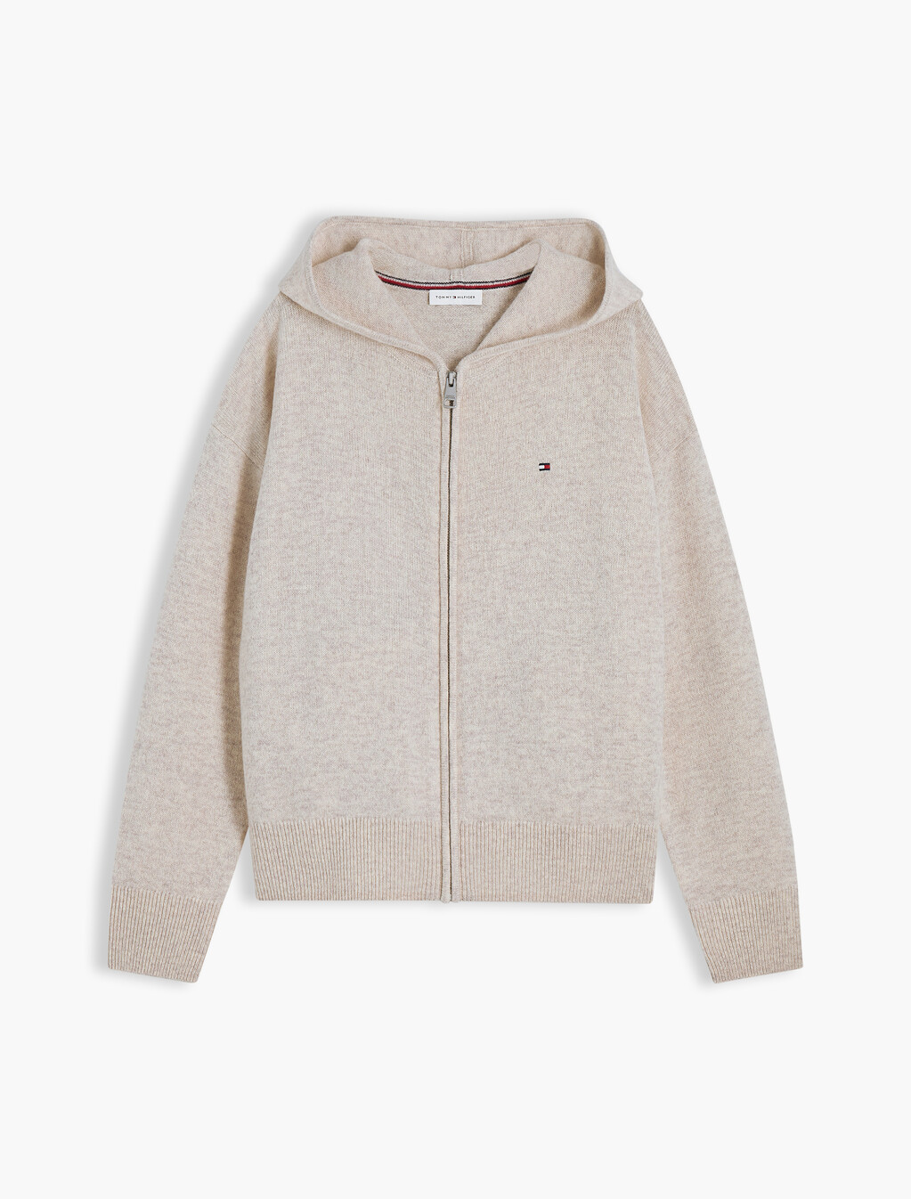 Pure Wool Slim Zip-Thru Hooded Jumper, Heather Oatmeal, hi-res