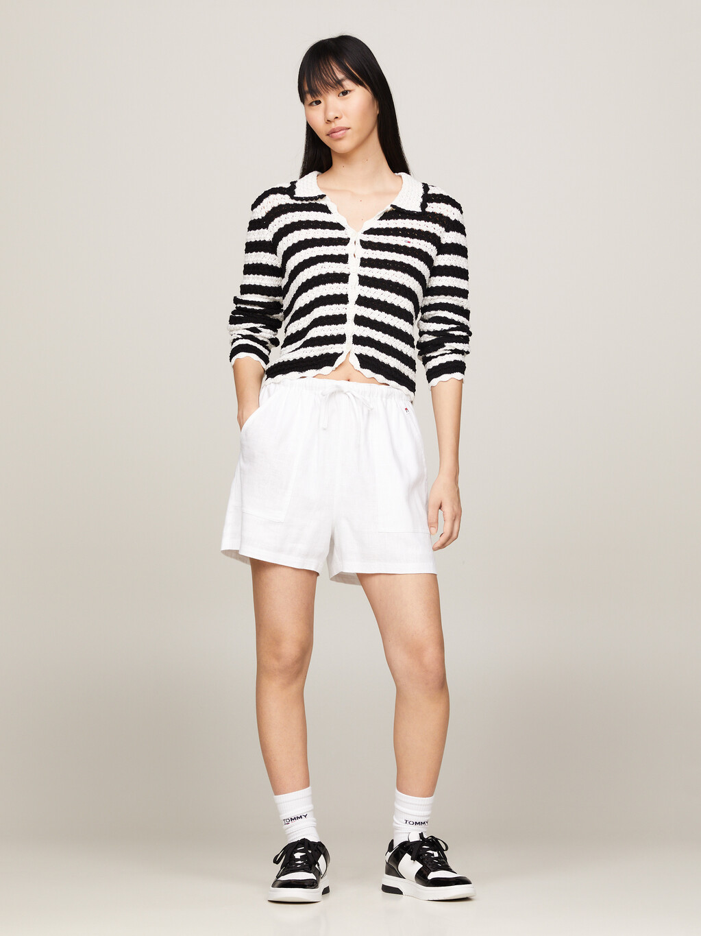 Crochet Stripe Cropped Cardigan, Black / Stripe, hi-res