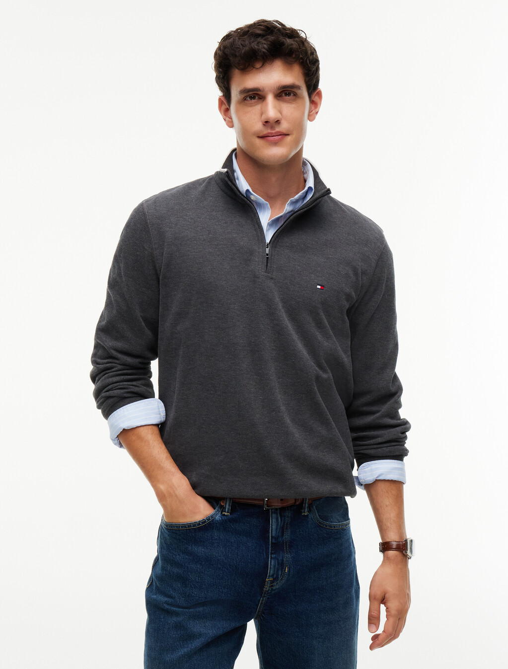 French Rib Knit 1/4 Zip Sweater, Charcoal Heather, hi-res