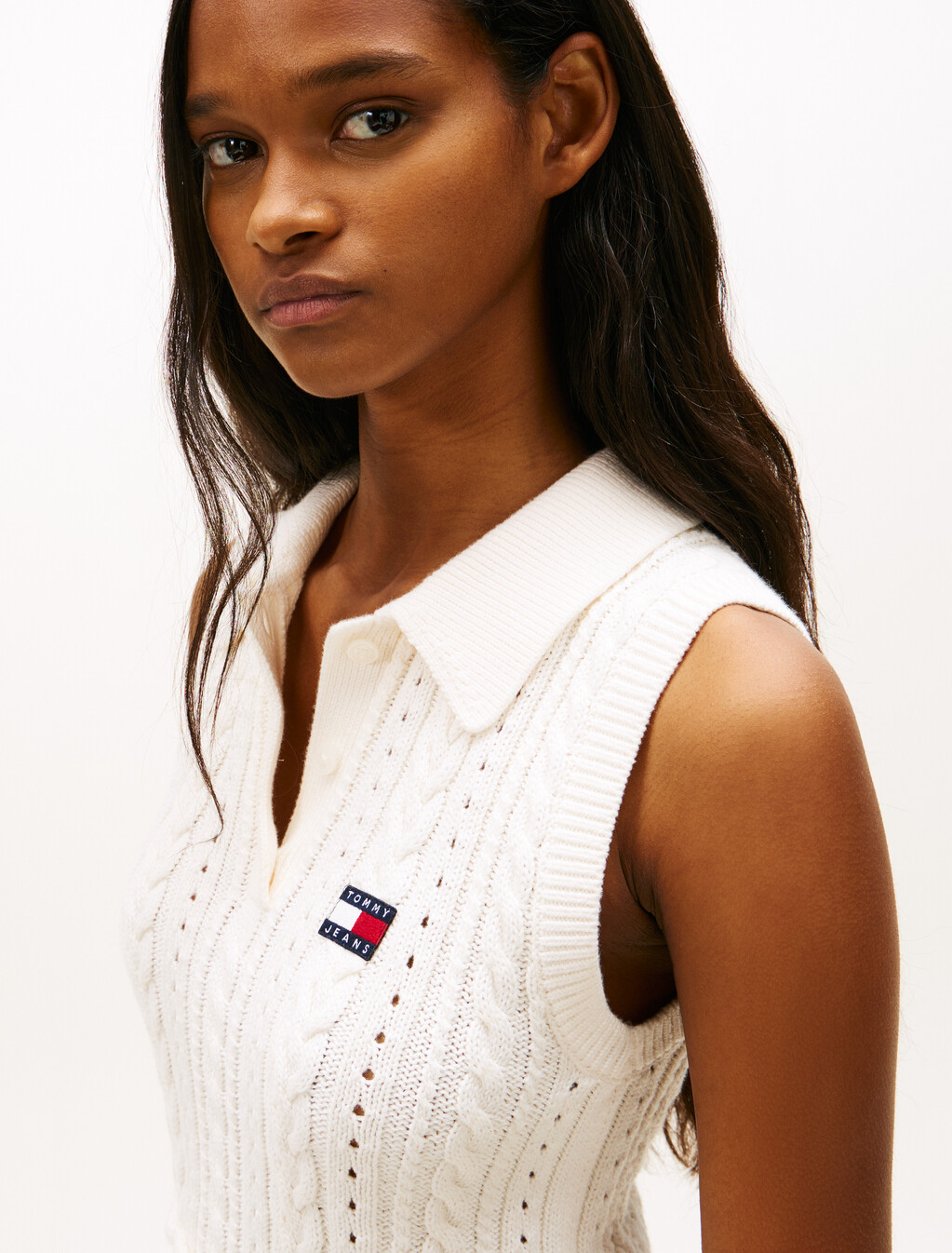 Tommy Badge Washed Cable Knit Polo Jumper, Ancient White, hi-res