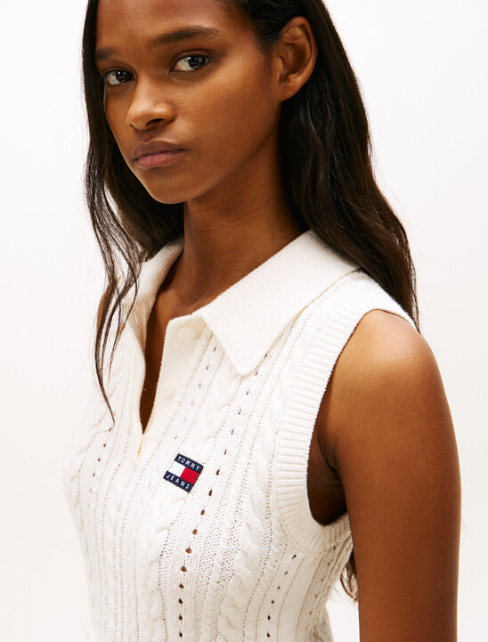 Tommy Badge Washed Cable Knit Polo Jumper