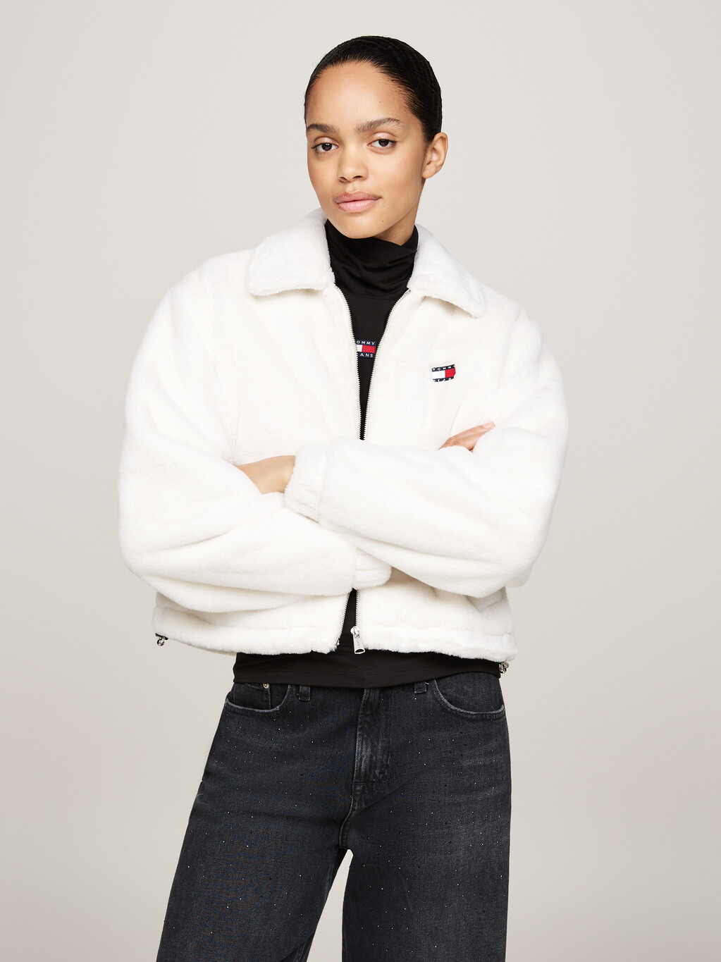 Faux Fur Zip-Thru Cropped Jacket, Ivory, hi-res