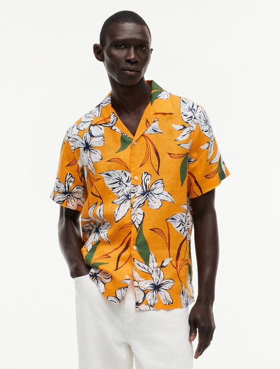 Regular Tropical Print Linen Short Sleeve Shirt