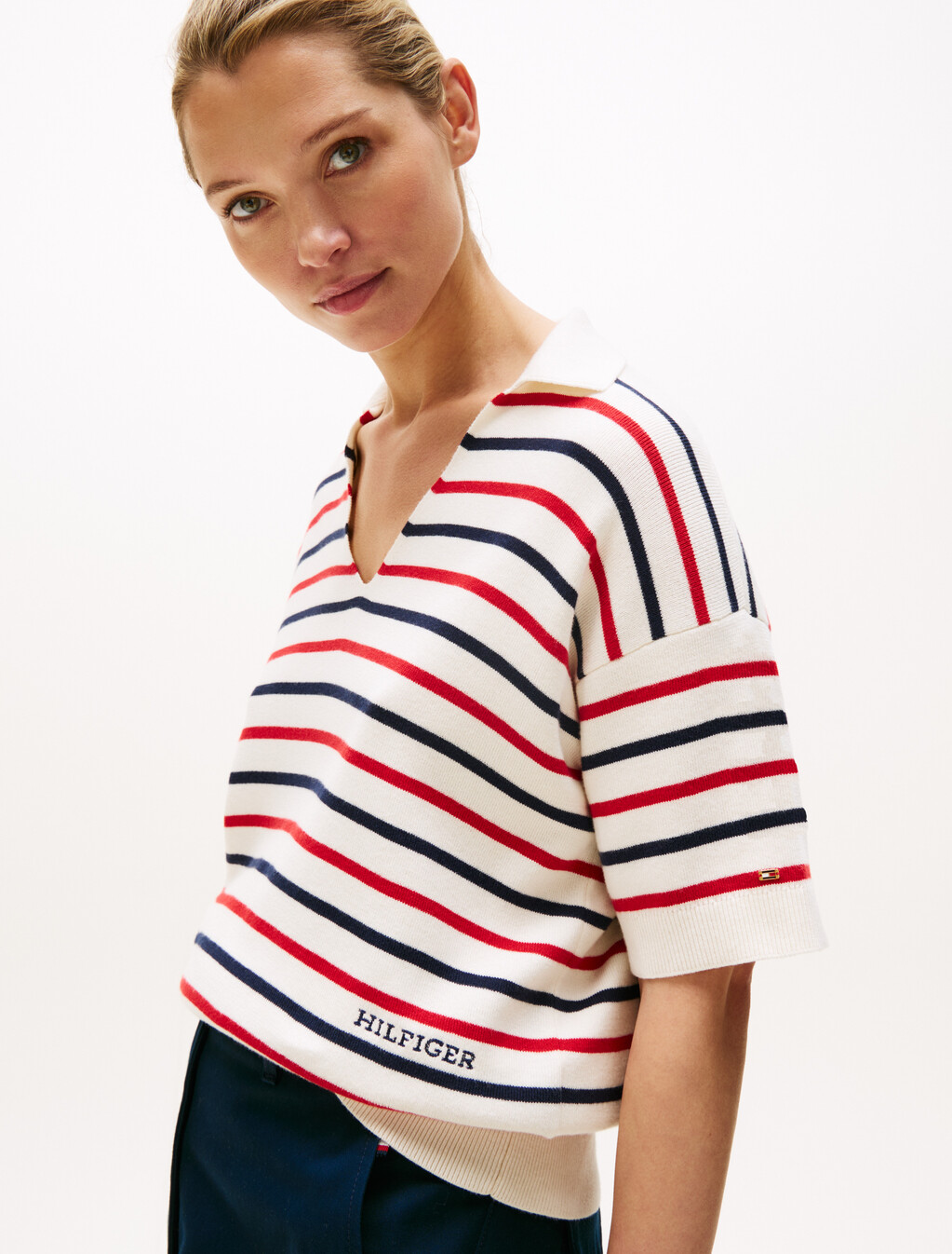 Stripe Short Sleeve Polo Jumper, Ivory Petal/Rwb Stp, hi-res