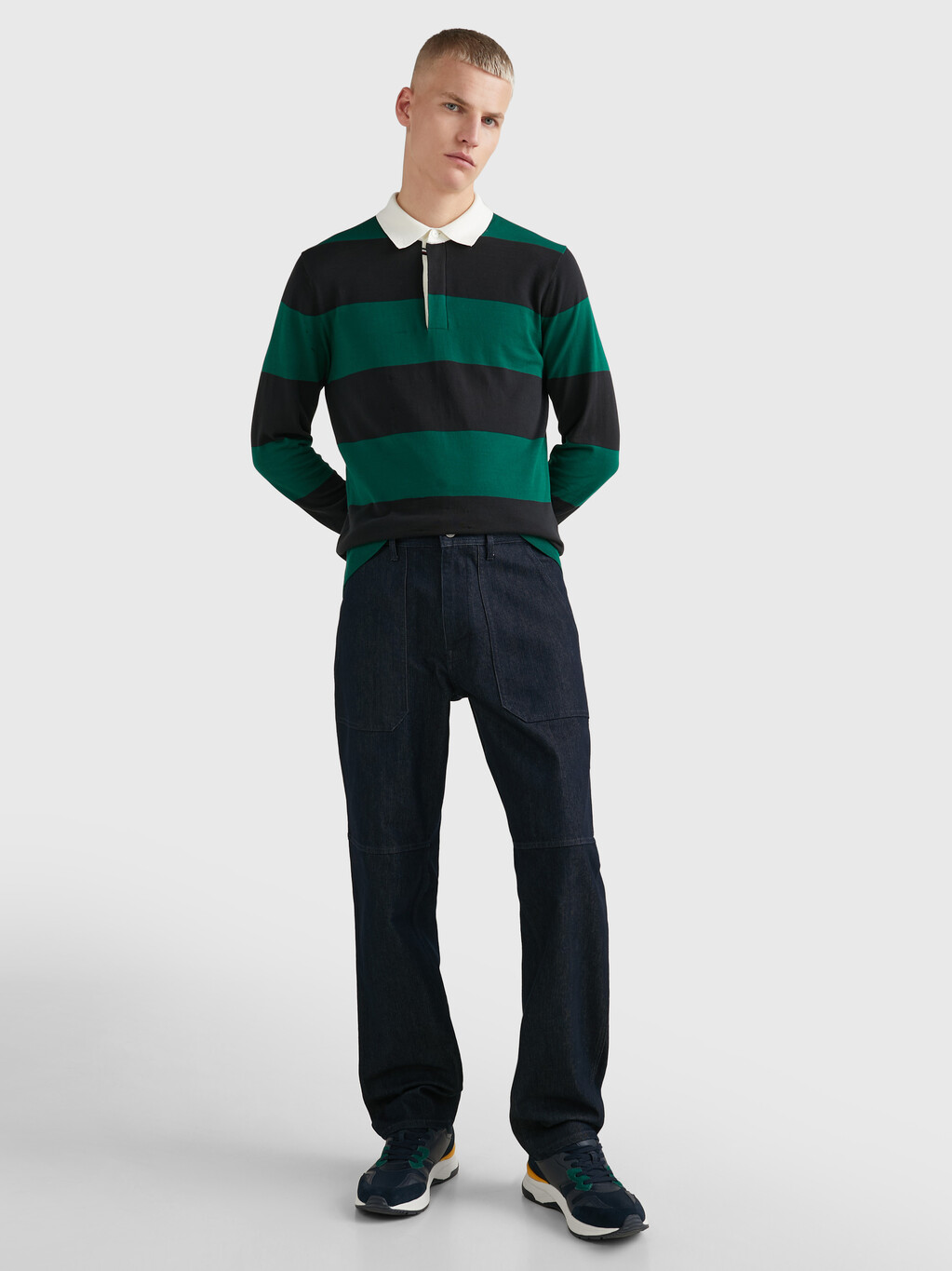 Stripe Knitted Rugby Shirt, Black/Prep Green/Ivory, hi-res