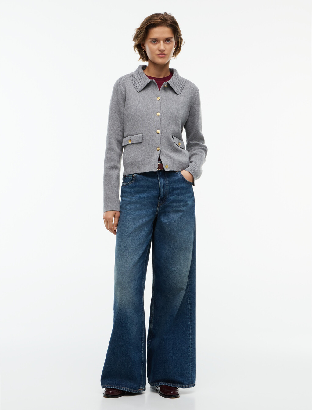 Gold-Tone Button Jacket With Wool, Medium Grey Heather, hi-res