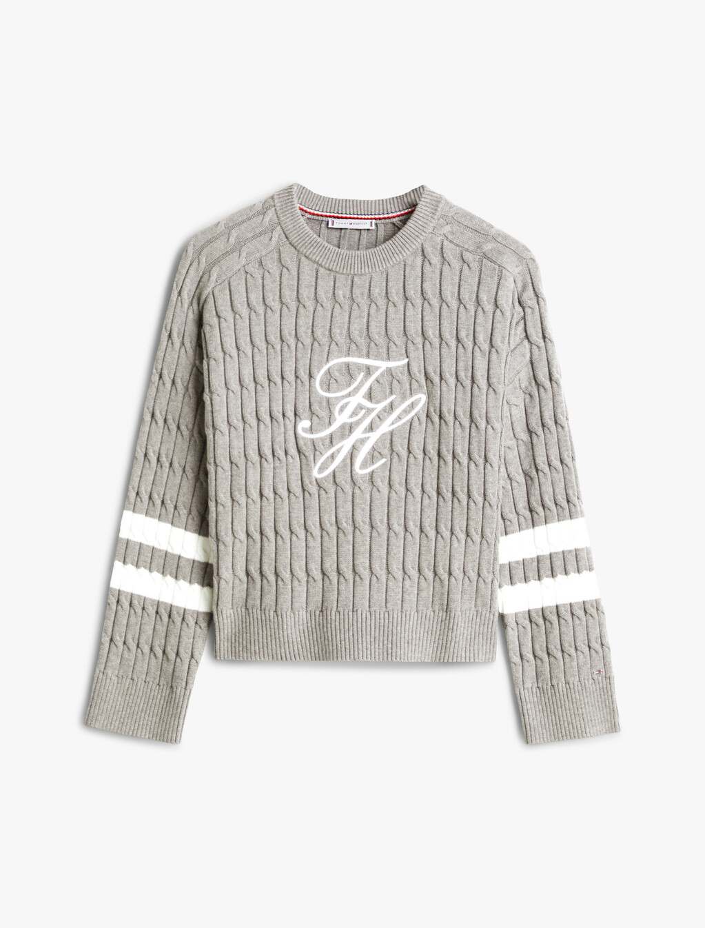 Logo Embroidery Relaxed Cable Knit Jumper, Med Heather Grey, hi-res