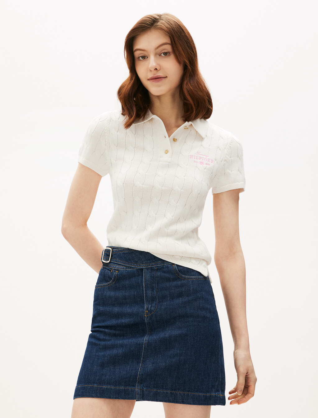 Asia Fit Cable Knit Slim Polo, Ivory Petal, hi-res