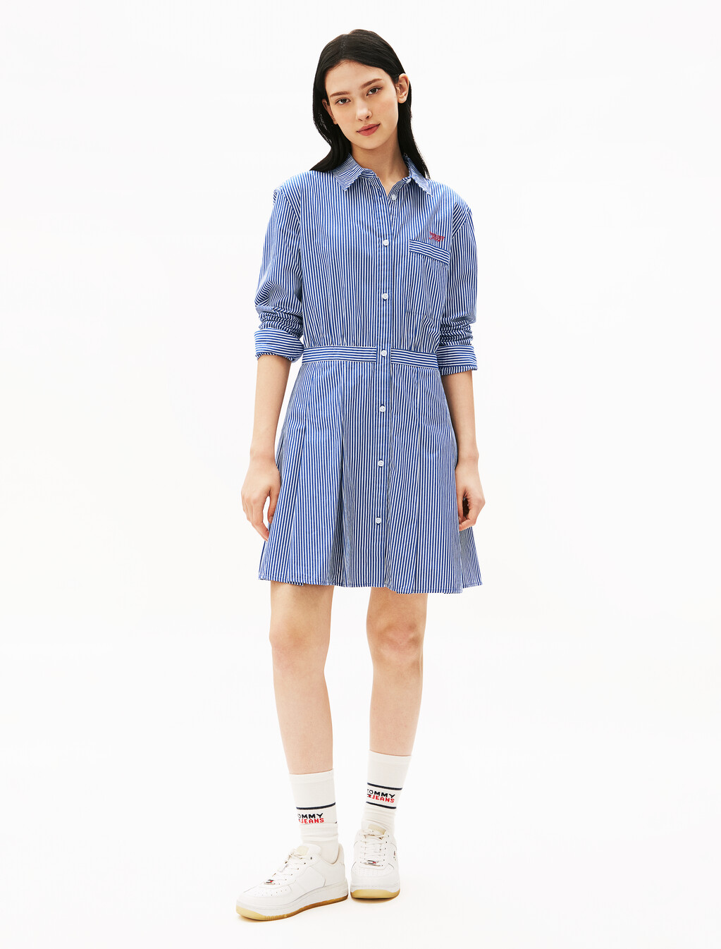細條紋府綢襯衫連身裙, Navy/White Stripe, hi-res