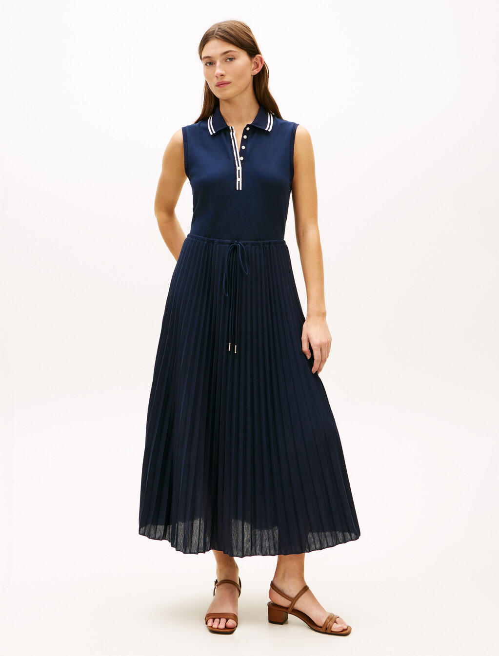 1985 Pleated Sleeveless Midi Polo Dress, Dark Night Navy, hi-res