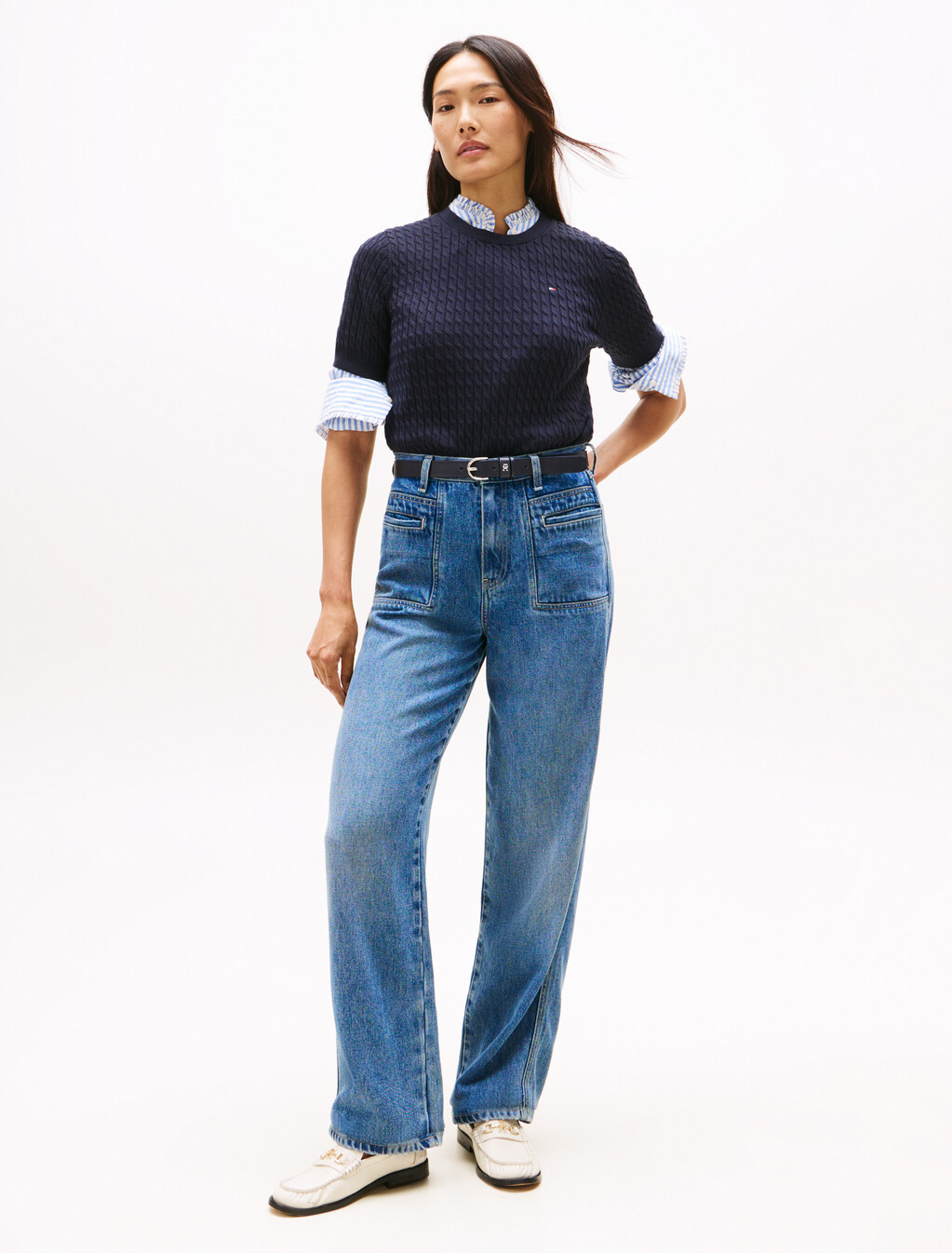 Stripe Slim Fit Short Sleeve Jumper, Navy Blue, hi-res