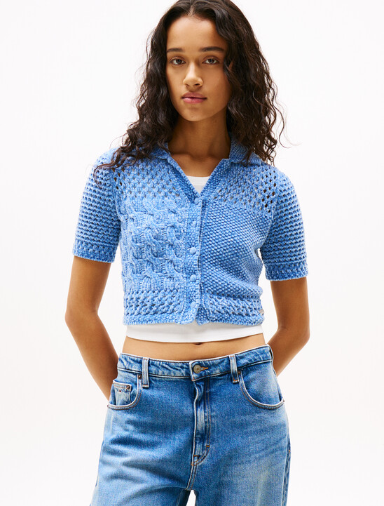 Perforated Camp Collar Cardigan, Colorado Blue Perforated Camp Collar Cardigan