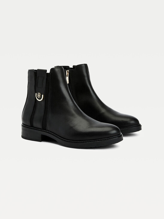 Monogram Plaque Flat Leather Ankle Boots