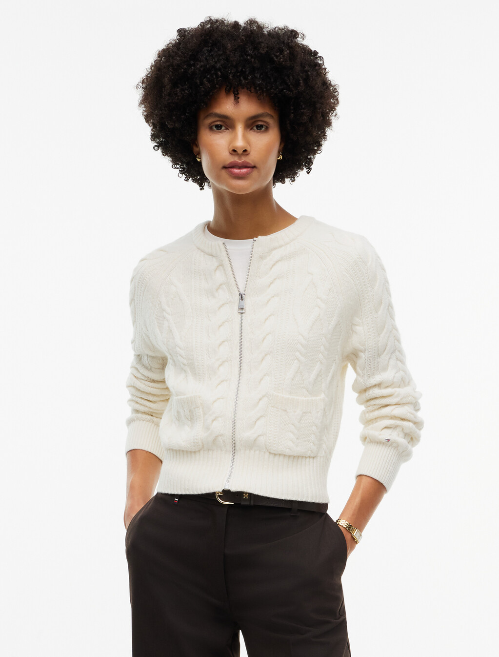 Wool Blend Cable Knit Slim Cardigan, Ivory Petal, hi-res