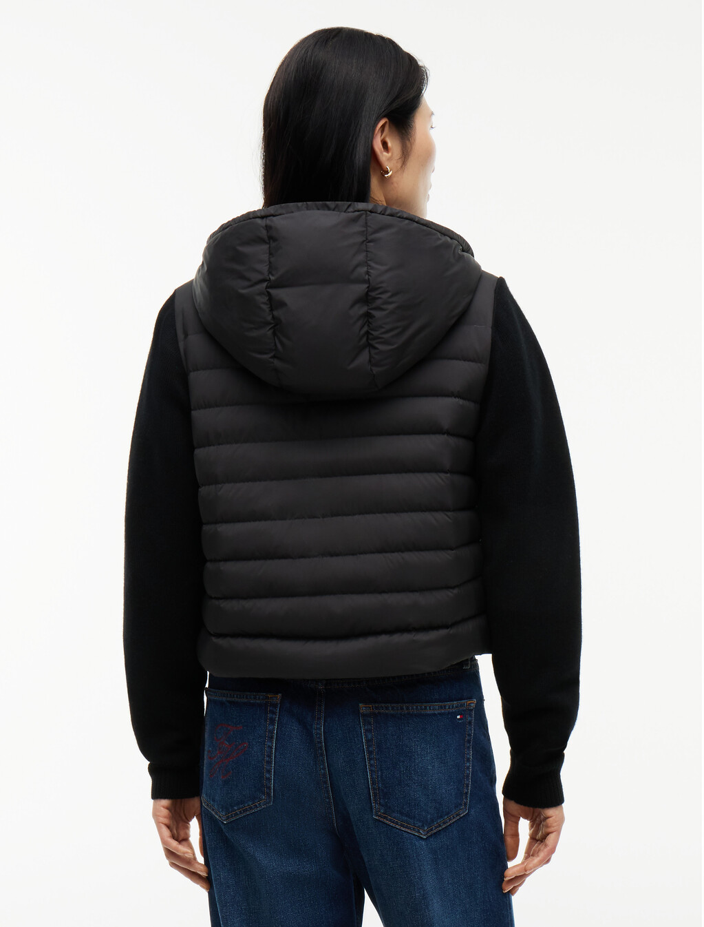 Mixed Texture Hooded Down Jacket, Black, hi-res