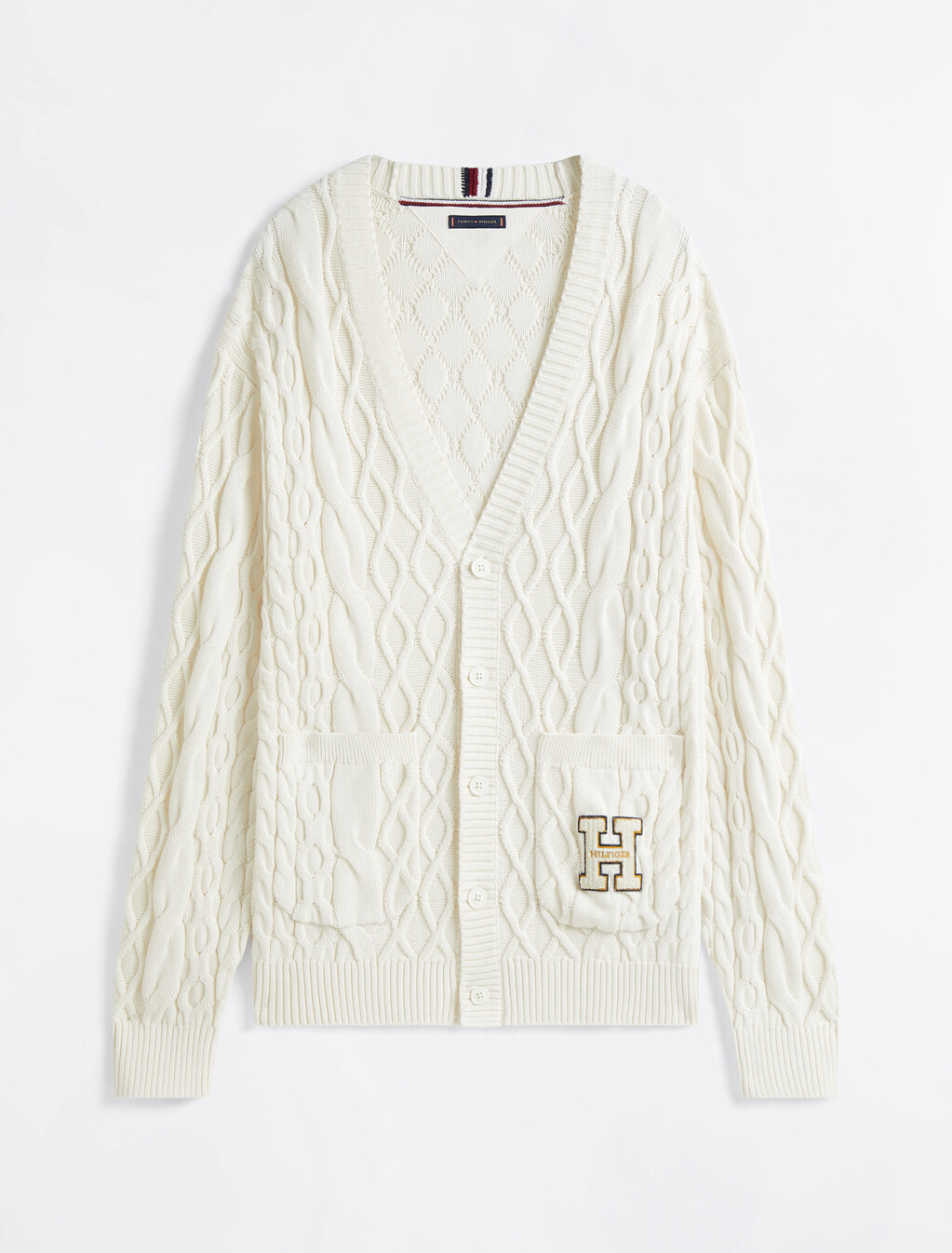 Cable Knit Letterman Applique Cardigan, Ivory Petal, hi-res