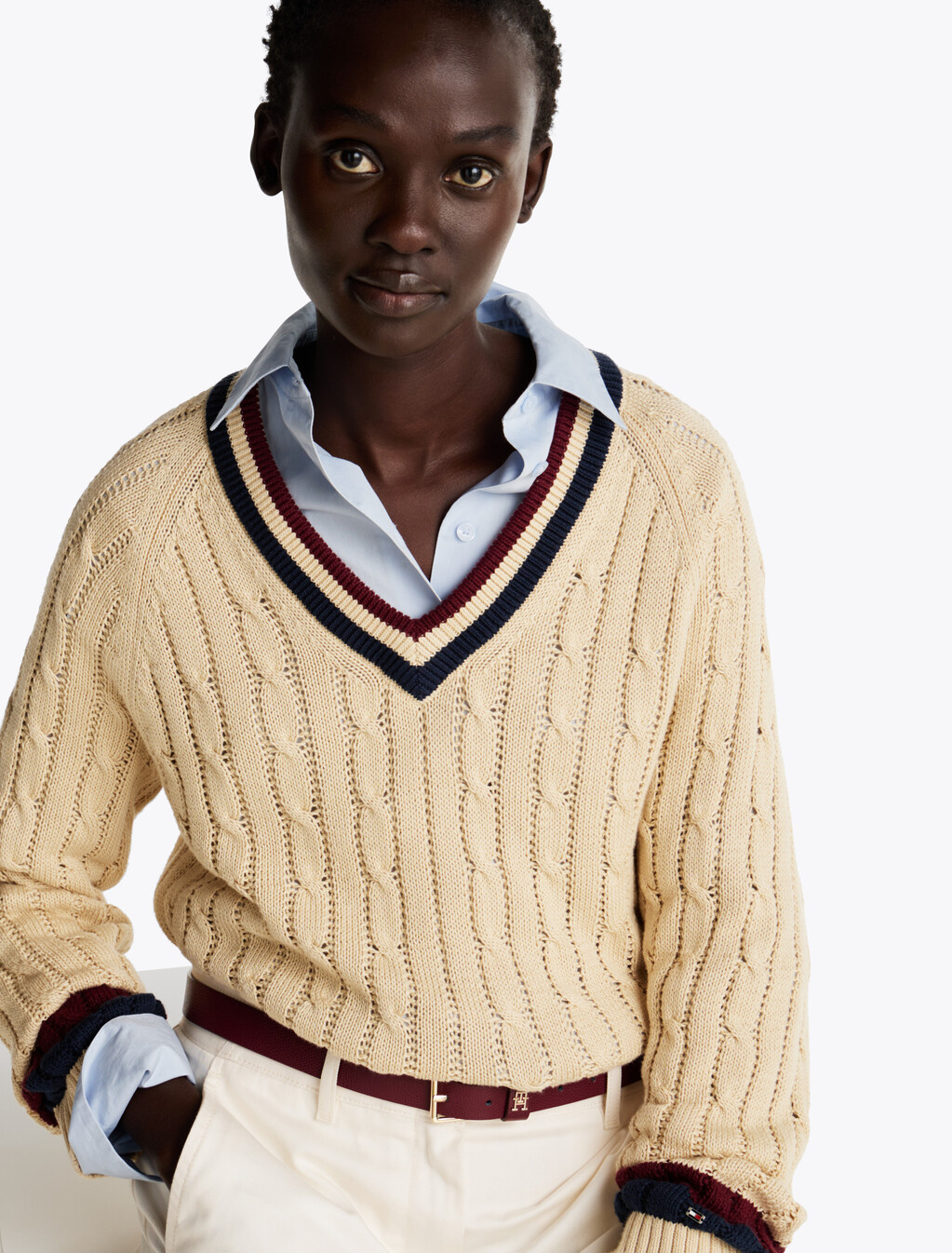 Varsity Cable Knit V Neck Sweater, Country Ivory, hi-res