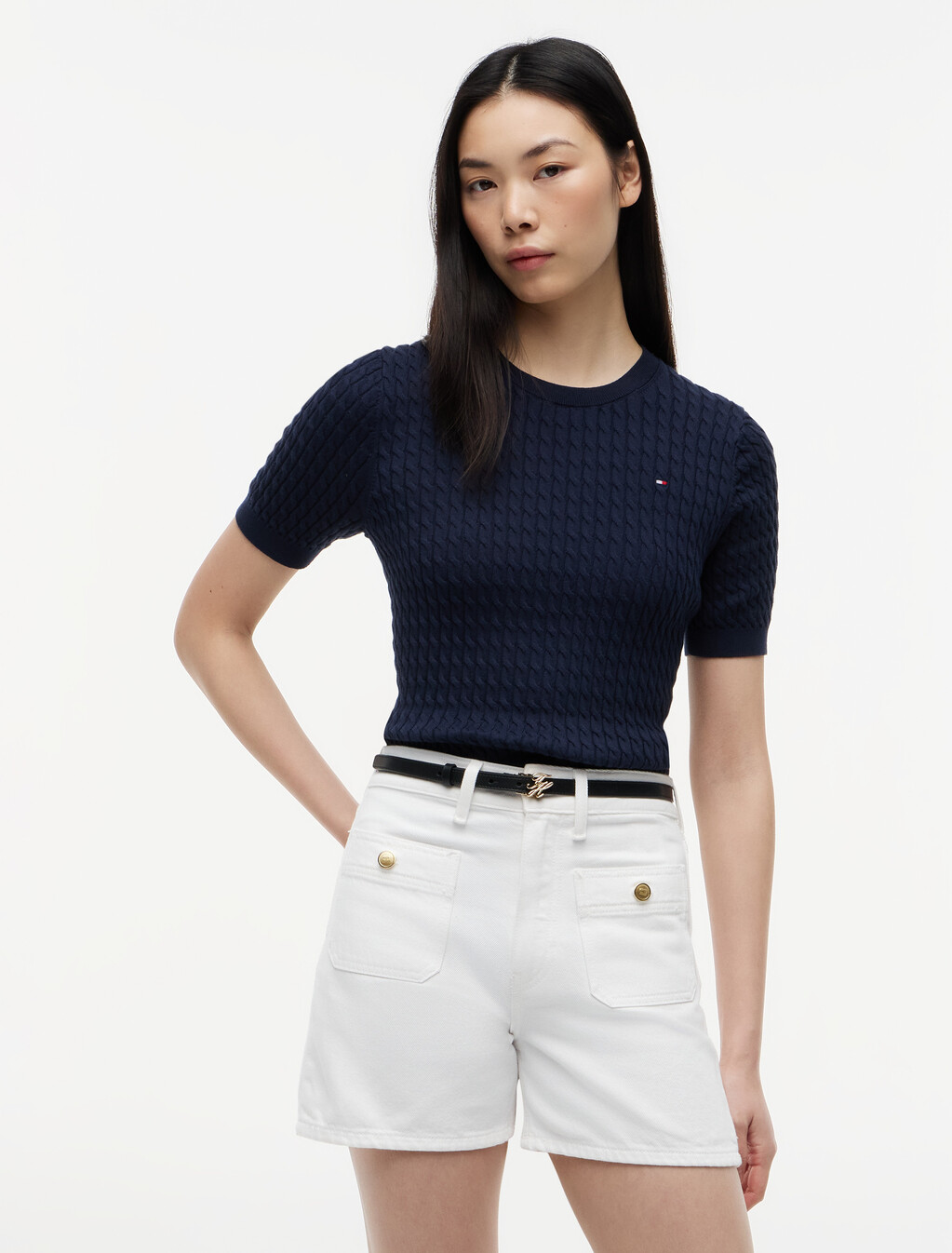 Fine Gauge Cable Knit Short Sleeve Jumper, Dark Night Navy, hi-res