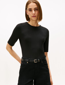 Ribbed Slim Half Sleeve T-Shirt, Black, hi-res