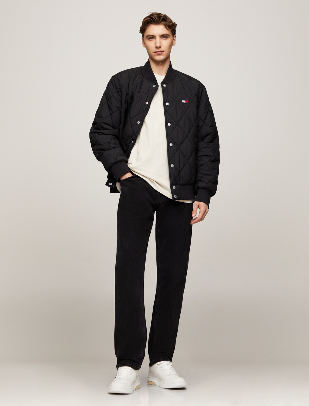 Logo Badge Relaxed Quilted Bomber Jacket, Black, hi-res