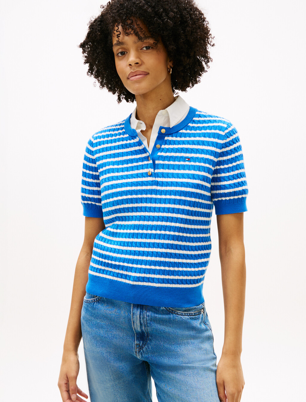Fine Cable Knit Short Sleeve Henley Jumper, Breton Stp Blue Orbit, hi-res
