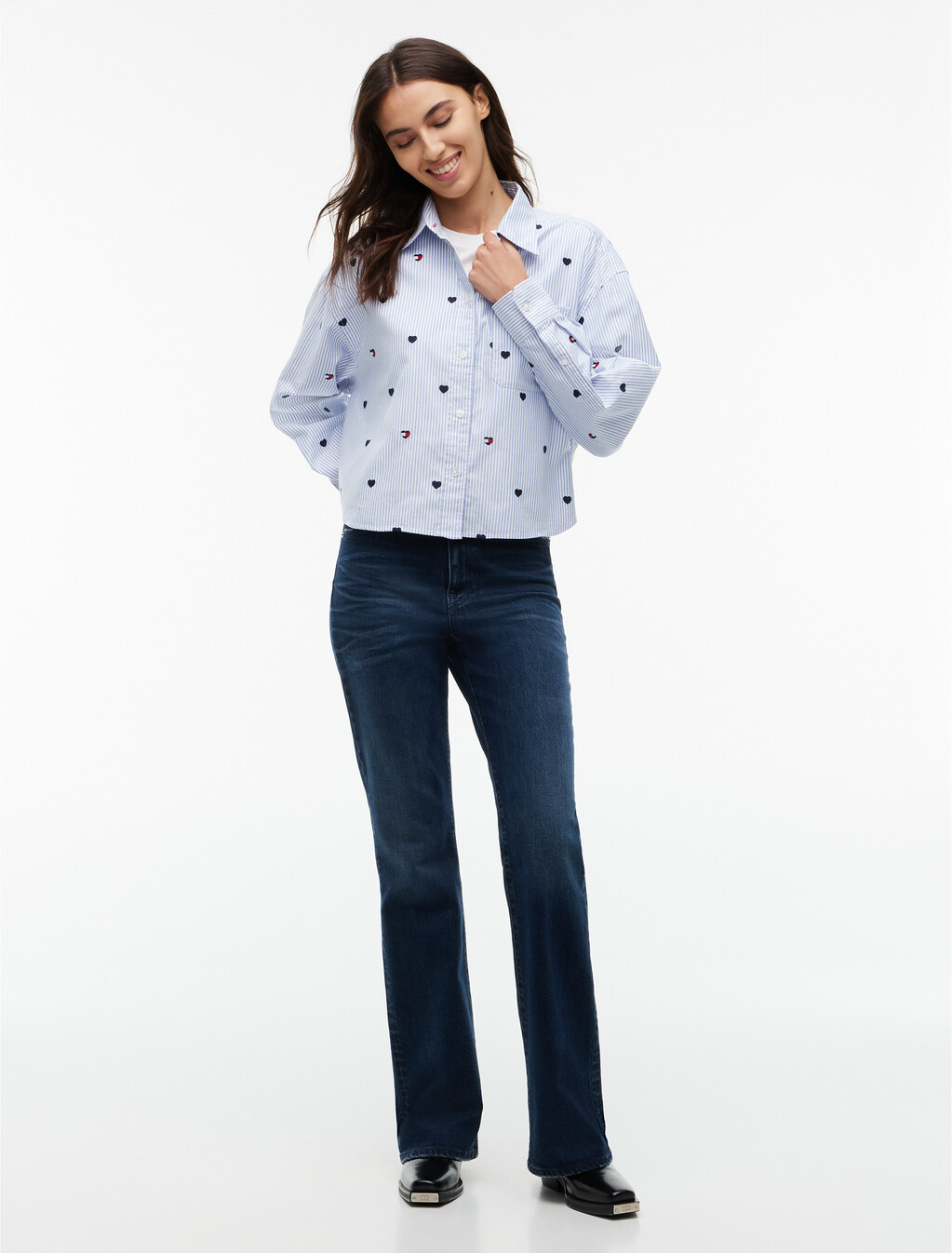 Festive Heart Embroidery Cropped Oxford Shirt, Sheer Blue / Stripe, hi-res