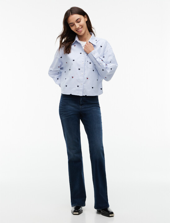 Festive Heart Embroidery Cropped Oxford Shirt