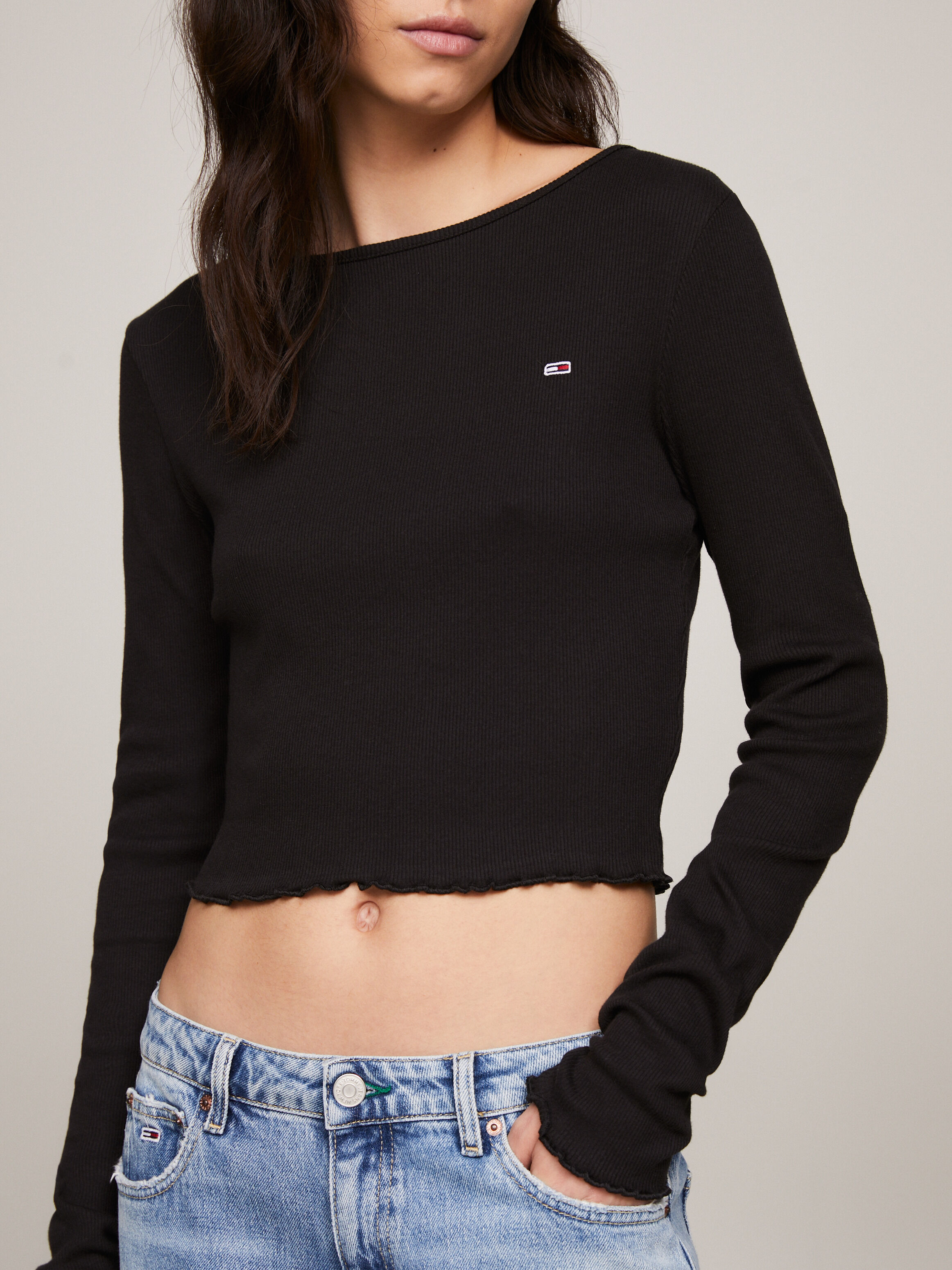 Ruffle crop top long sale sleeve