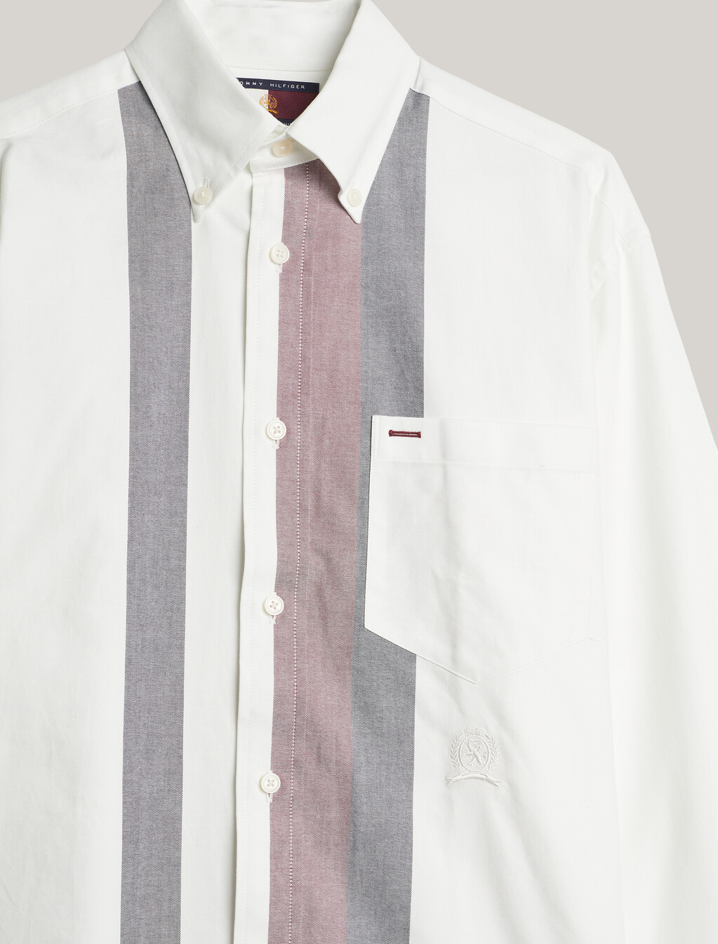 Crest Embroidery Colour-Blocked Regular Oxford Shirt, Ecru, hi-res