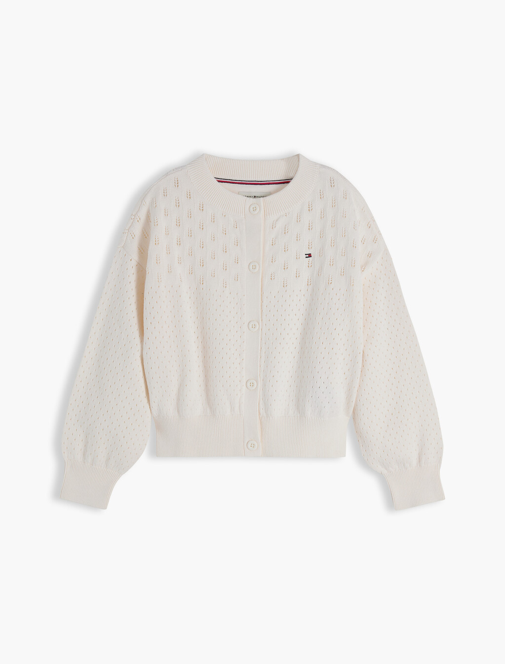 Pointelle Relaxed Crew Neck Cardigan, Ivory Silk, hi-res