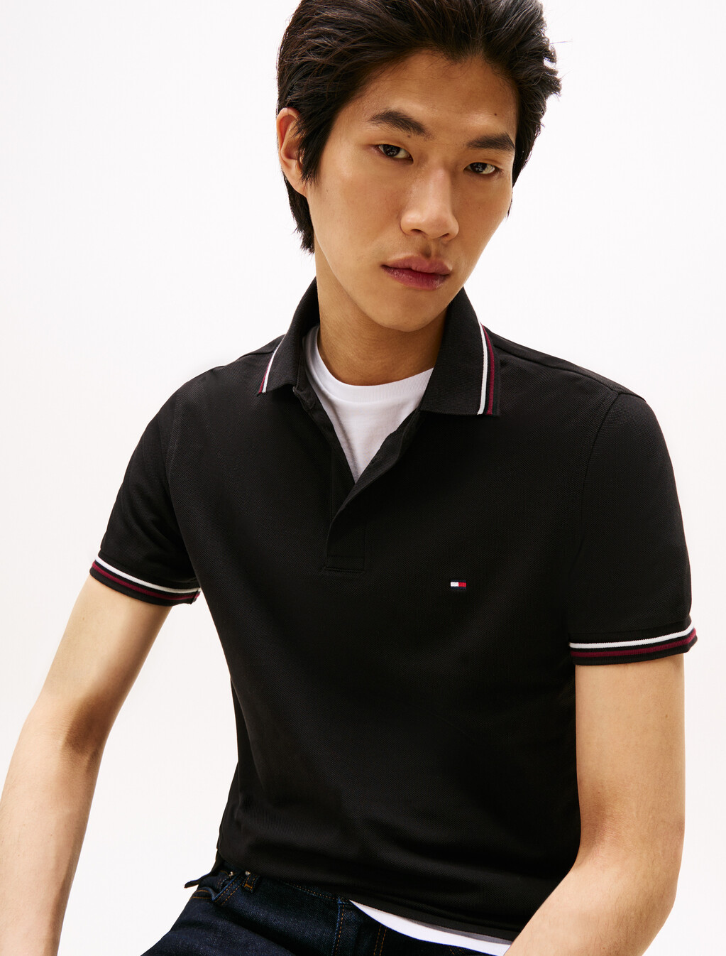 Tipped Slim Polo, Black, hi-res