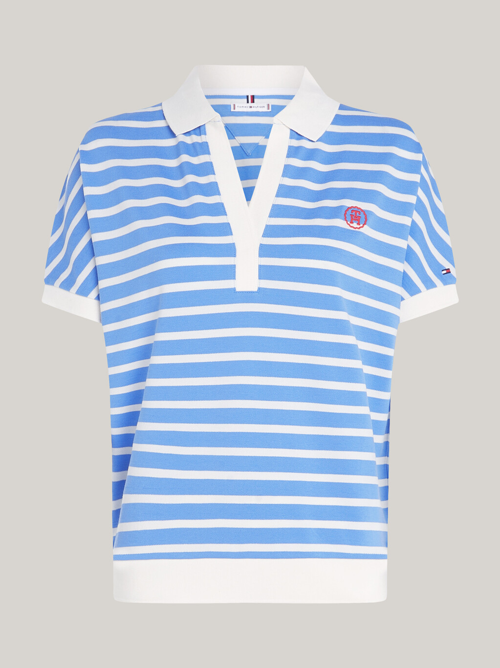 寬鬆萊賽爾條紋 Polo 恤, Breton Ecru/Blue Spell, hi-res