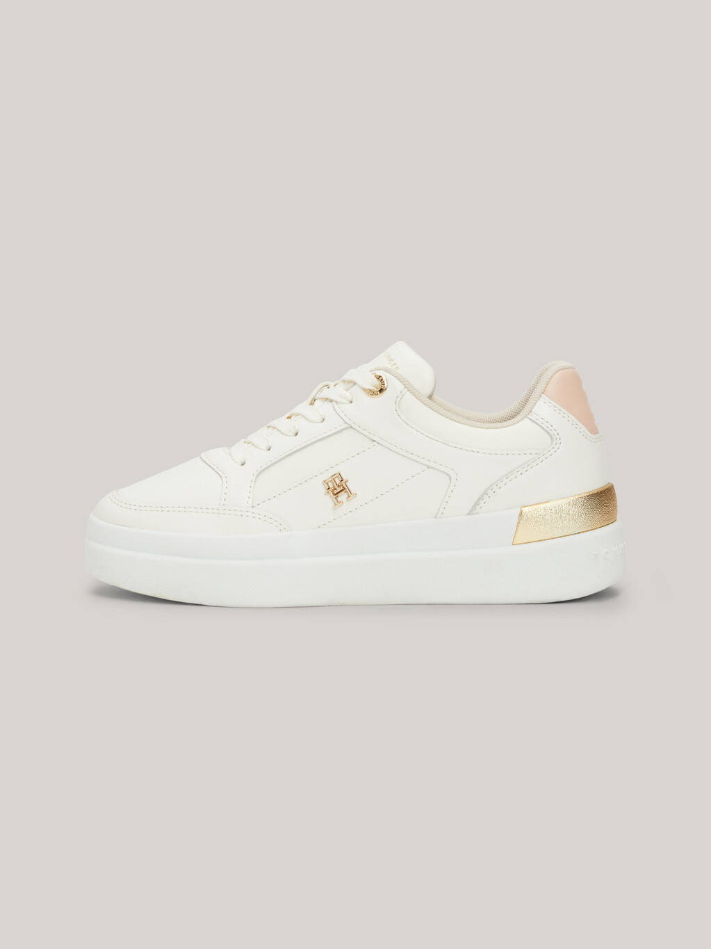 TH Monogram Metallic Leather Court Trainers, Ancient White, hi-res