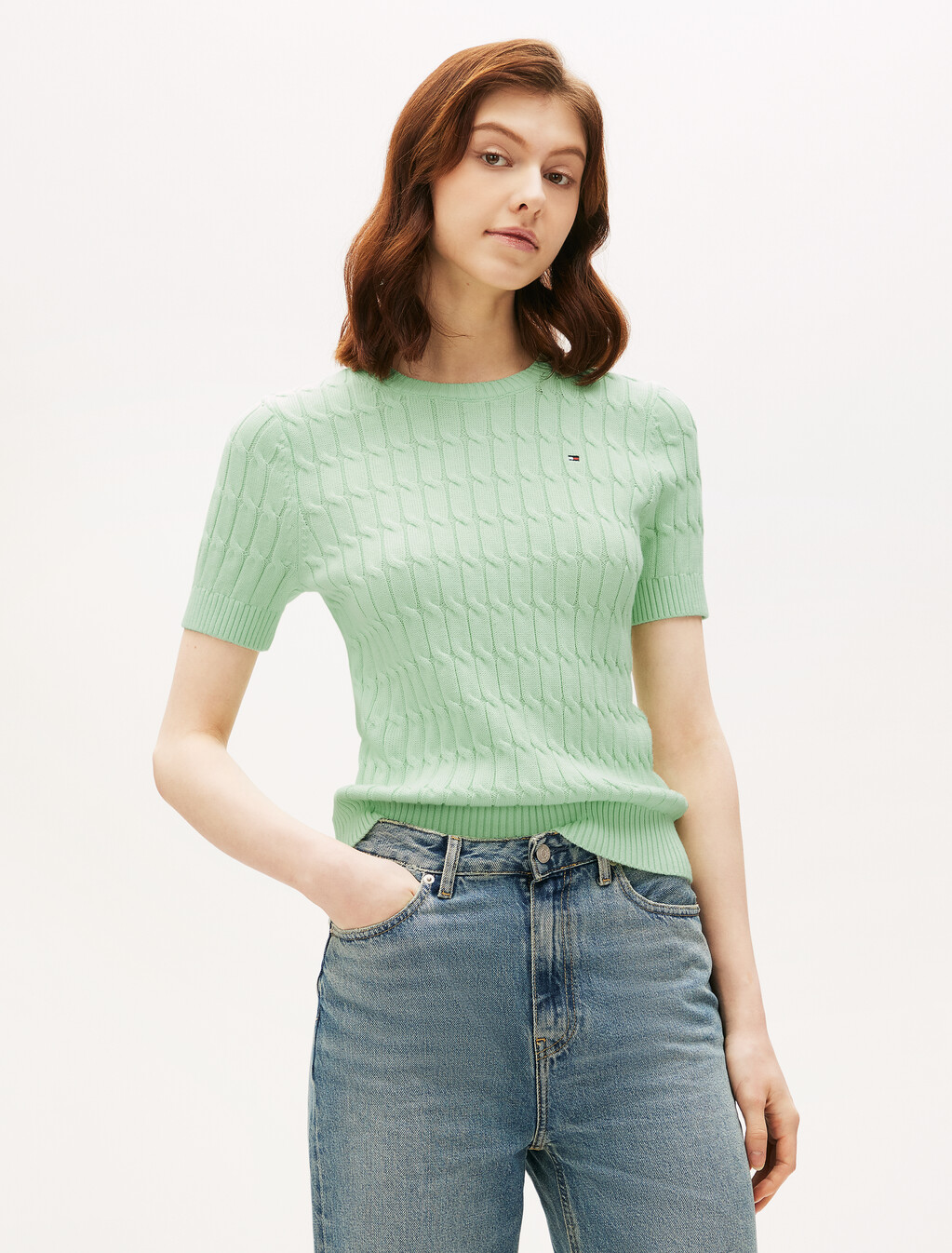 Cable Knit Short Sleeve Jumper, Opal Green, hi-res