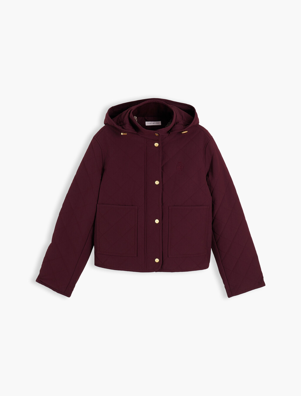 Crest Embroidery Square Quilted Hooded Jacket, Deep Burgundy, hi-res