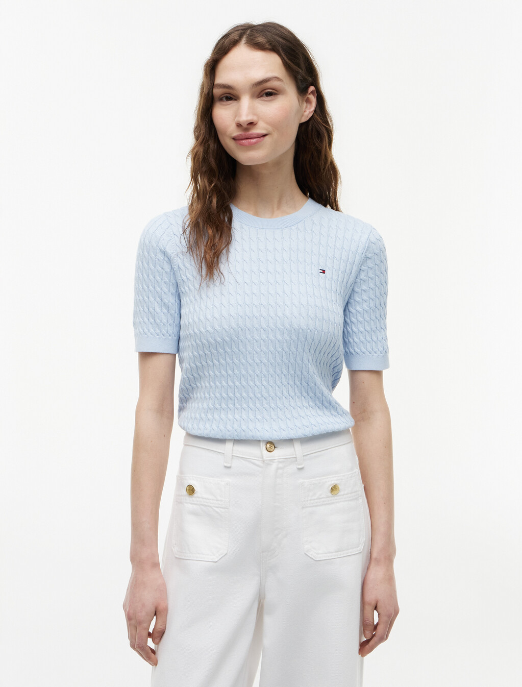 Fine Gauge Cable Knit Short Sleeve Jumper, Breezy Blue, hi-res