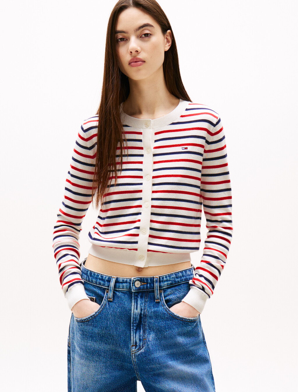 基本款圓領開襟外套, White / Red / Navy Stripe, hi-res