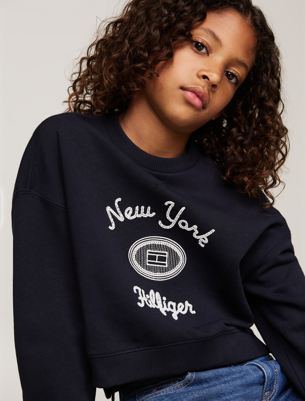 Textured Logo Embroidery Double Hem Jumper, Desert Sky, hi-res