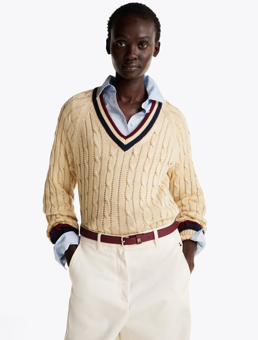 Varsity Cable Knit V Neck Sweater, Country Ivory, hi-res
