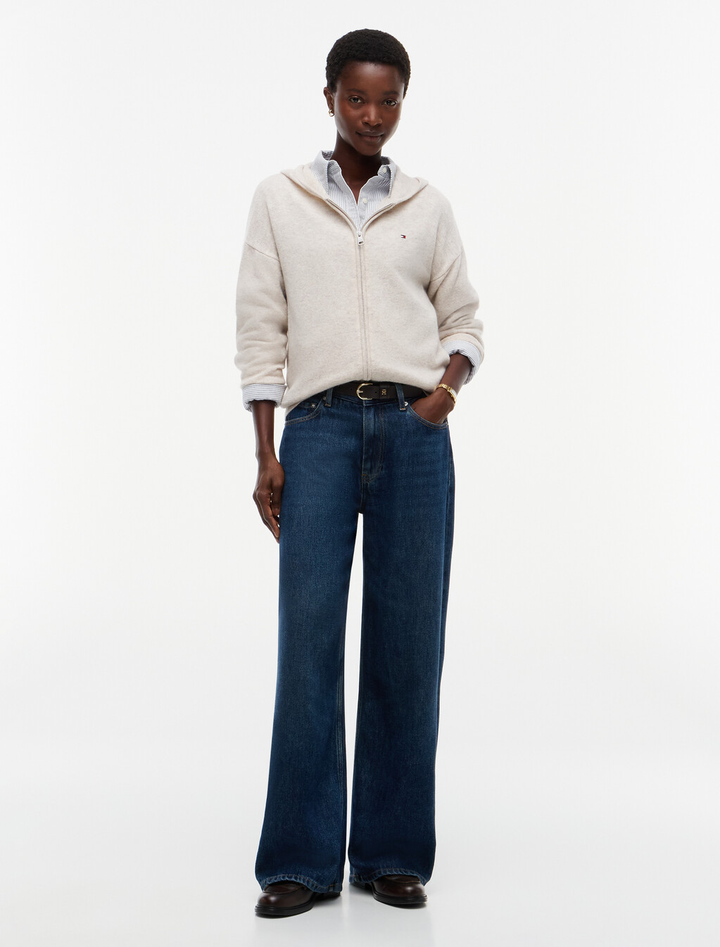 Pure Wool Slim Zip-Thru Hooded Jumper, Heather Oatmeal, hi-res