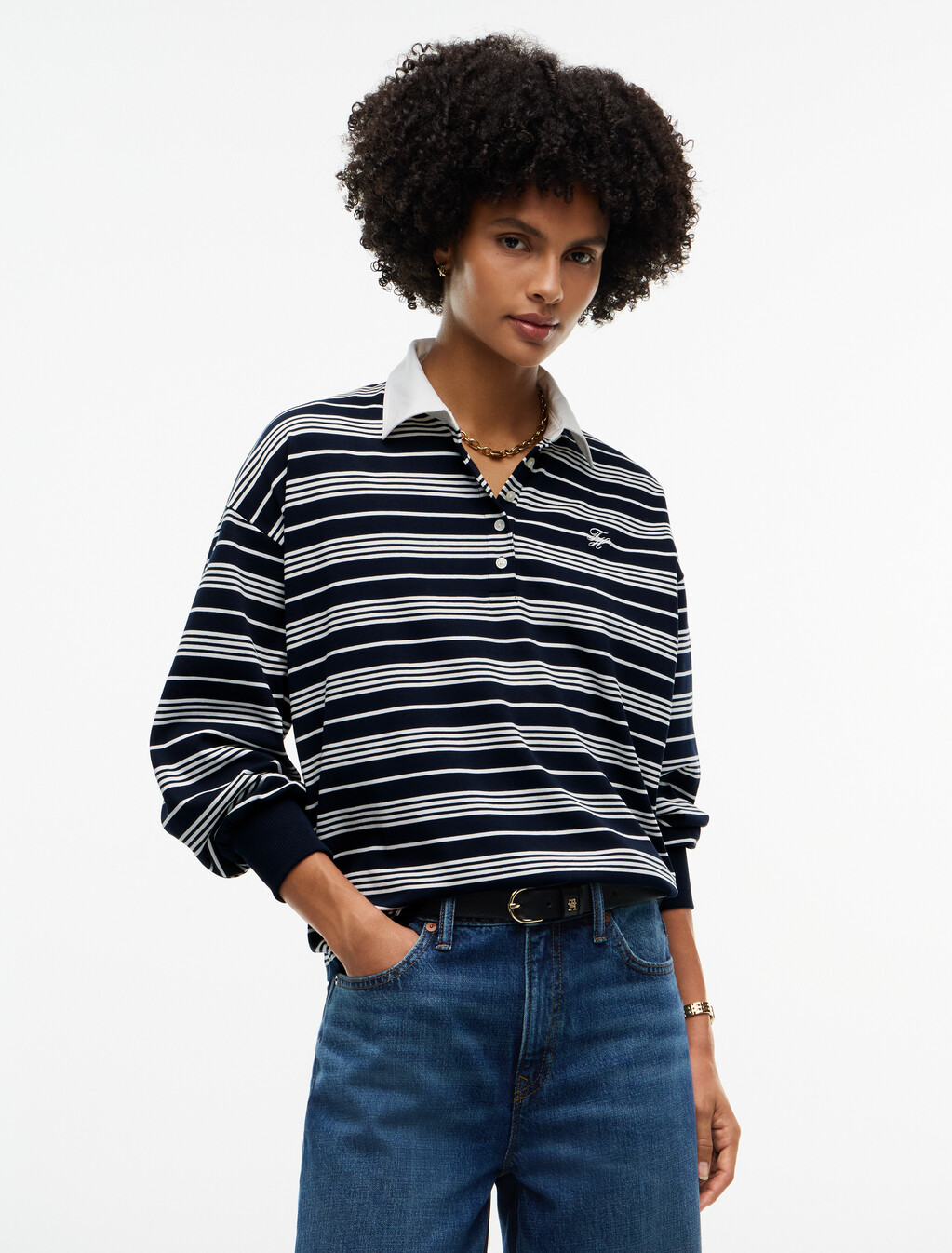 Rugby Stripe Relaxed Polo Sweatshirt, Broken Stripe Dark Blue / Ecru, hi-res