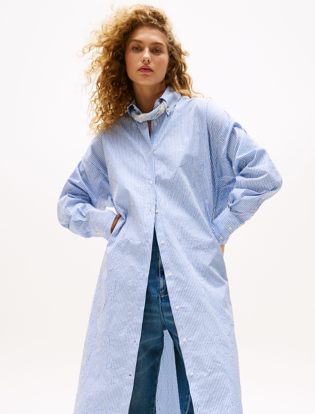 The Runway Collection Long Oversized Shirt, Blue Stripe, hi-res
