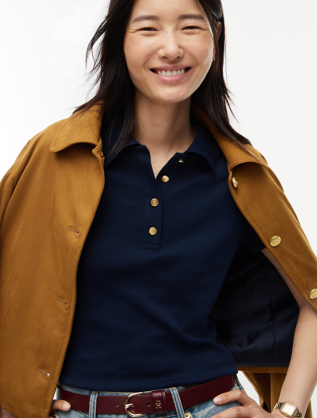 Slim Fit Gold-Tone Button Polo Shirt, Dark Blue, hi-res