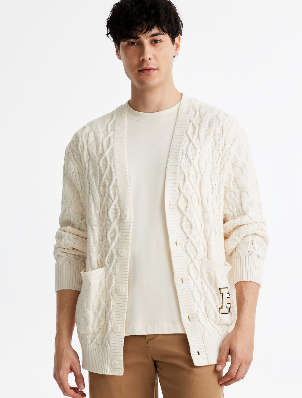 Cable Knit Letterman Applique Cardigan, Ivory Petal, hi-res