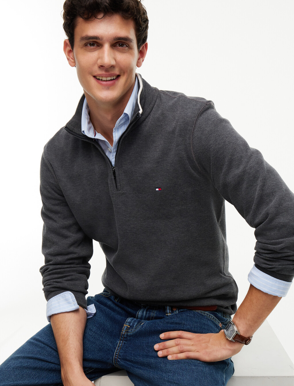 French Rib Knit 1/4 Zip Sweater, Charcoal Heather, hi-res