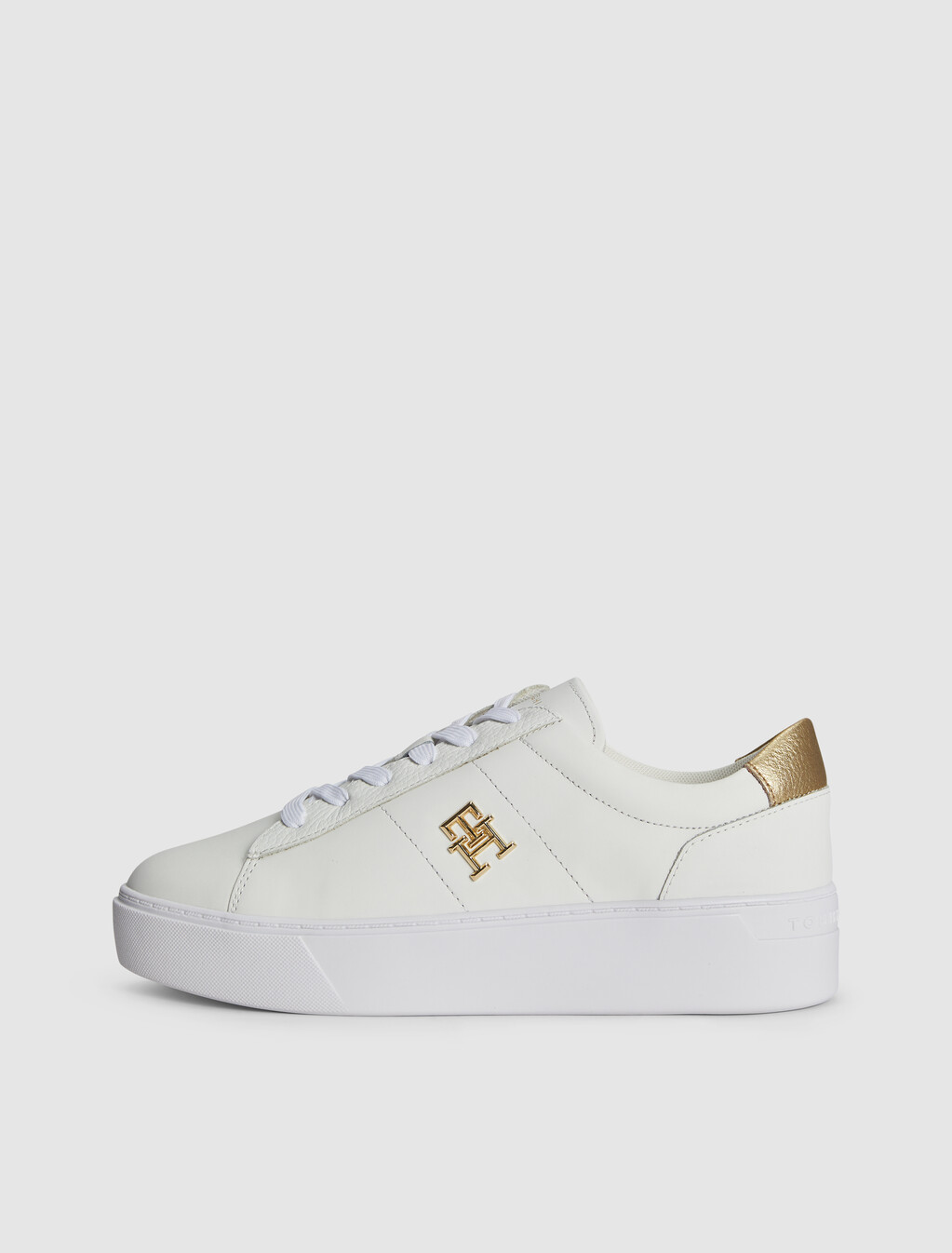 Leather Platform Court Trainers, White, hi-res