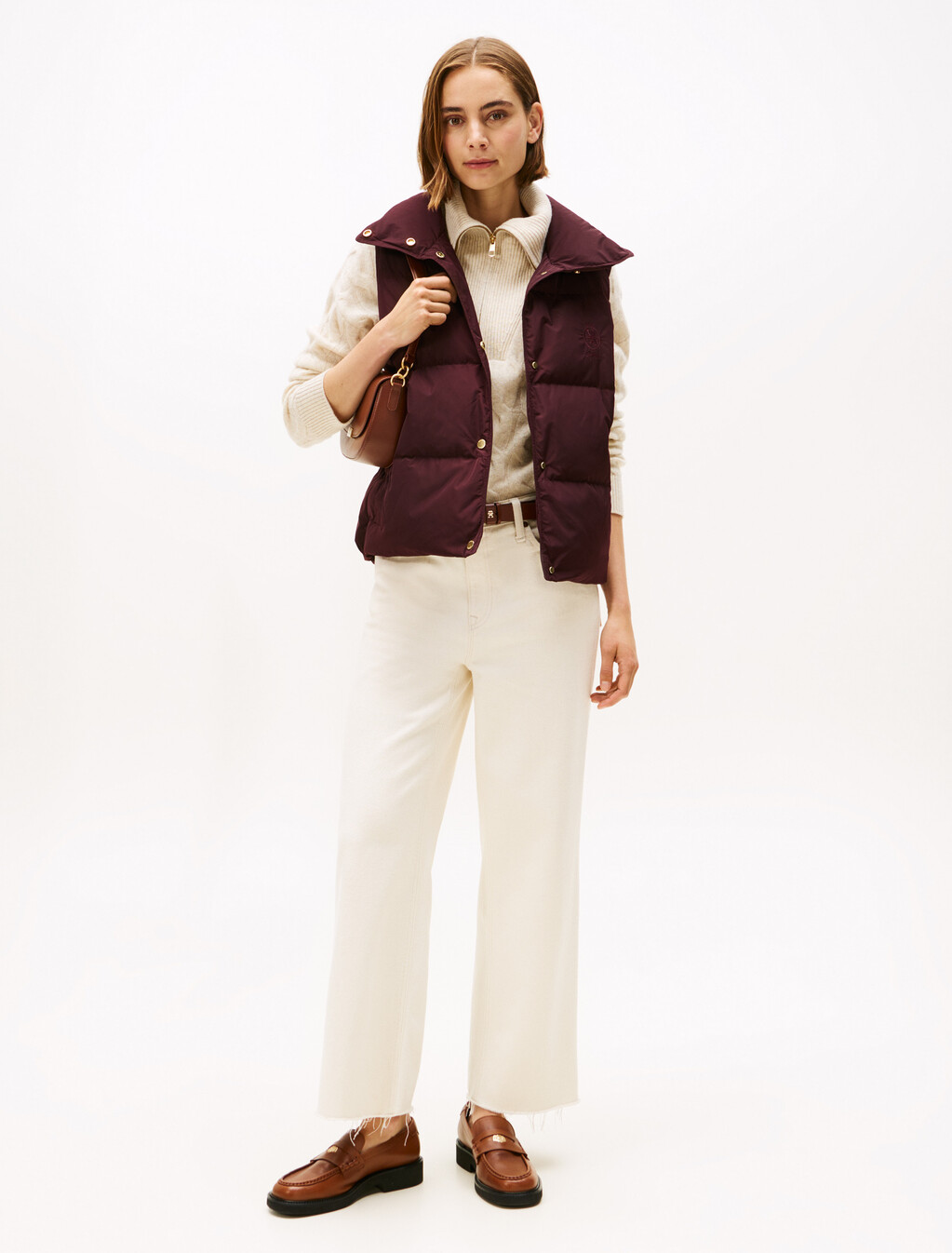 Crest Embroidery Down Vest, Deep Burgundy, hi-res