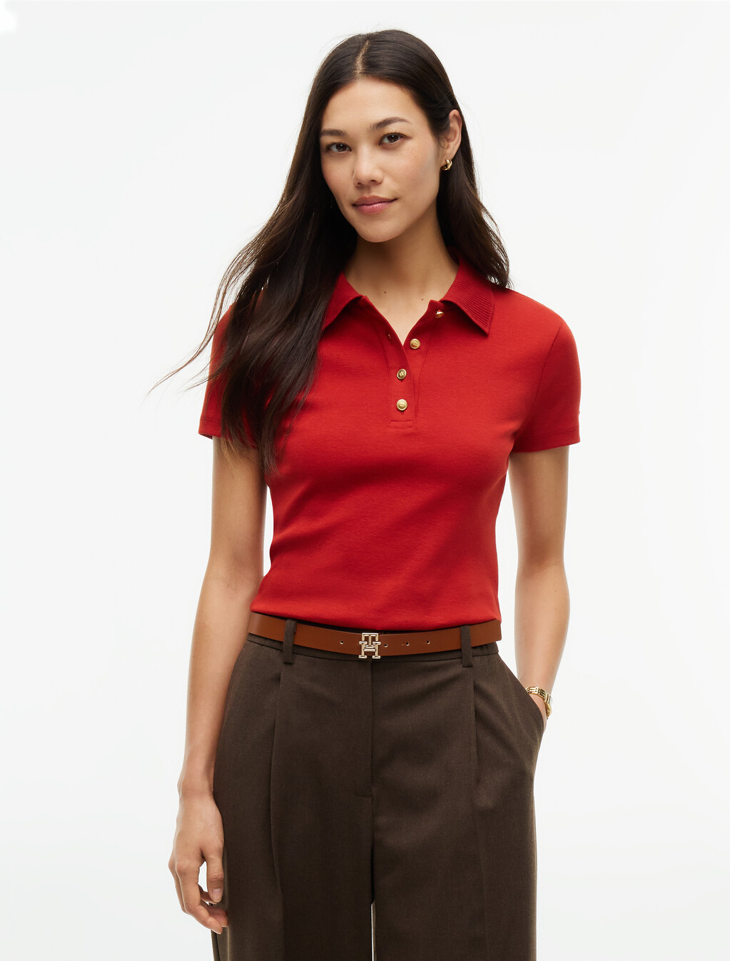 Slim Fit Gold-Tone Button Polo Shirt, Dark Magma, hi-res
