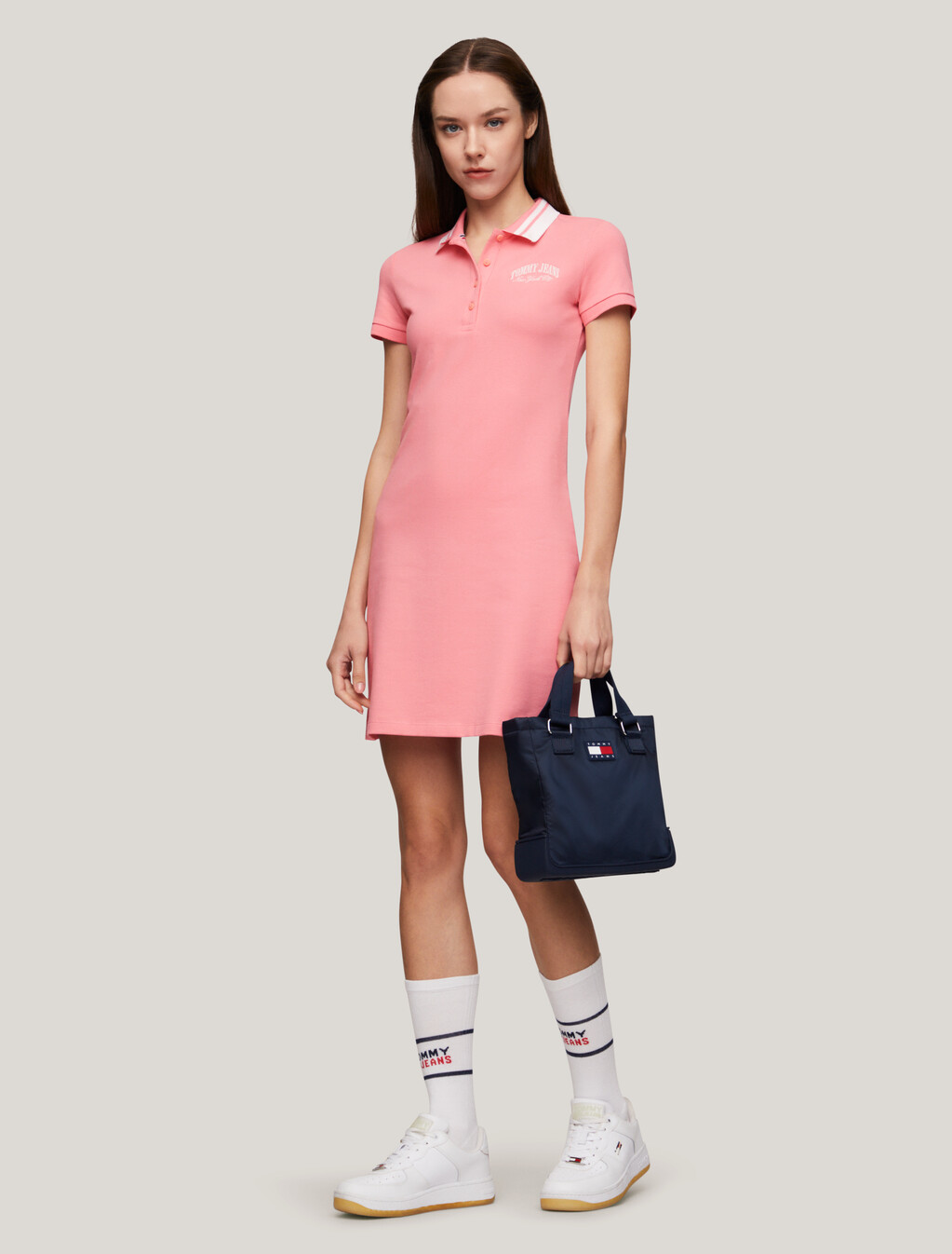 Tipped Collar Fitted Polo Dress, Tickled Pink, hi-res